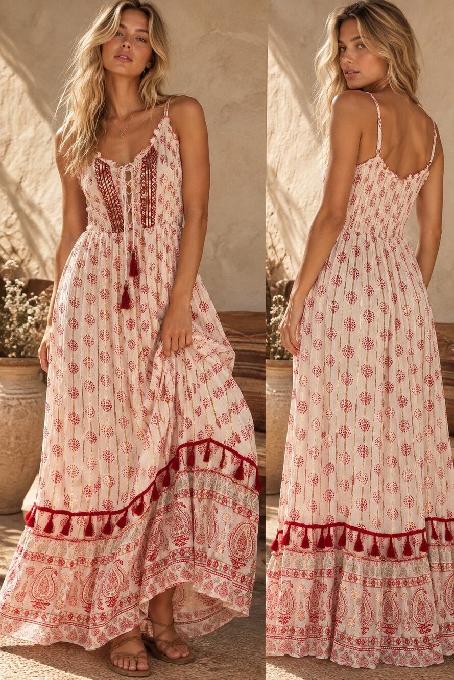 Anthropologie M Boho Maxi Dress Red Gold Sequin Paisley Tassel Lurex Festival